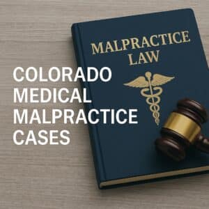 A graphic for common colorado medical malpractice cases with a law book and gavel