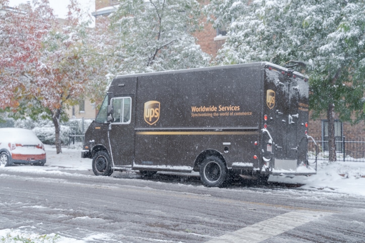 UPS delivery truck in snow storm