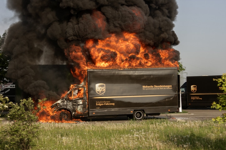 Burning UPS delivery truck