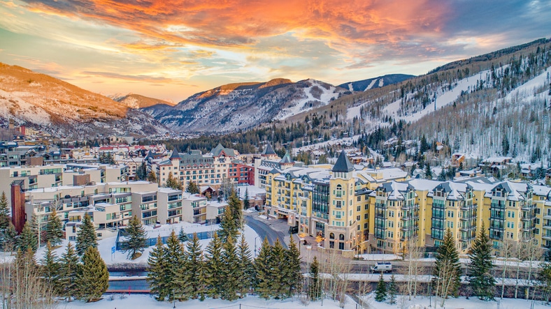 Vail, Colorado, USA Downtown Drone Mountains Aerial